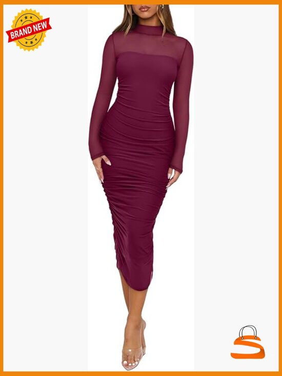 Dresses & Skirts - Mesh Sheer Long Sleeve Midi Ruched Bodycon Dress Mock Neck Evening Party